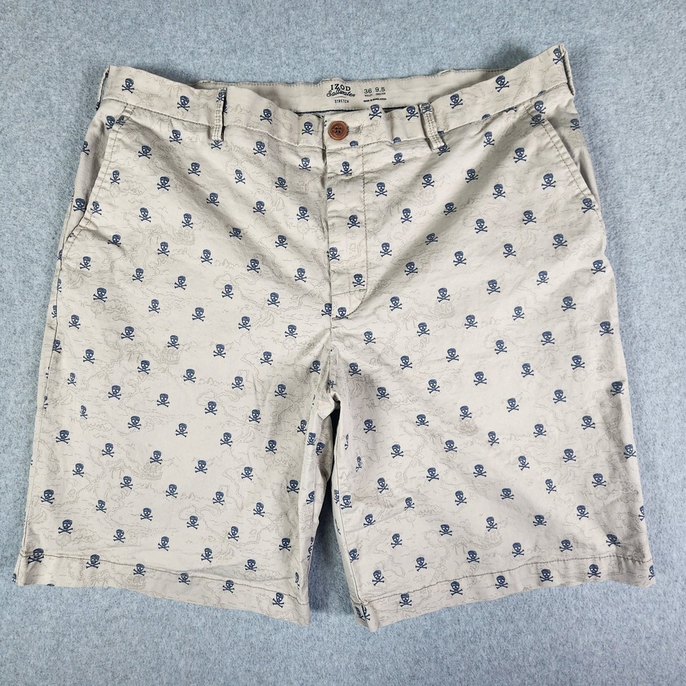 IZOD Saltwater Skull Crossbones Strech Shorts Mens 36 Beige Nautical Pirates